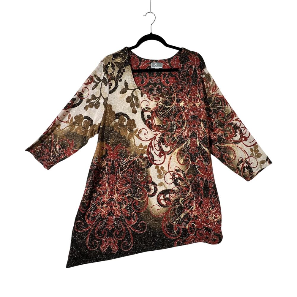 JM COLLECTION Woman 3X Floral Metallic Tunic Top Red Black Gold 3 Quarter Sleeve